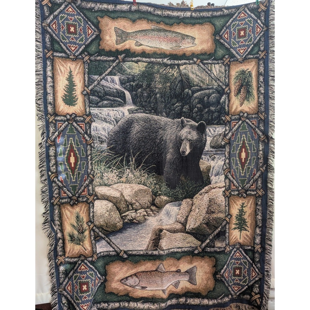 Lot Of 2 Vintage Throw Blankets Bear In River  100% Cotton Pure Country Weavers